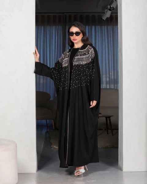 Black Linen Abaya With Doubt IB142Black