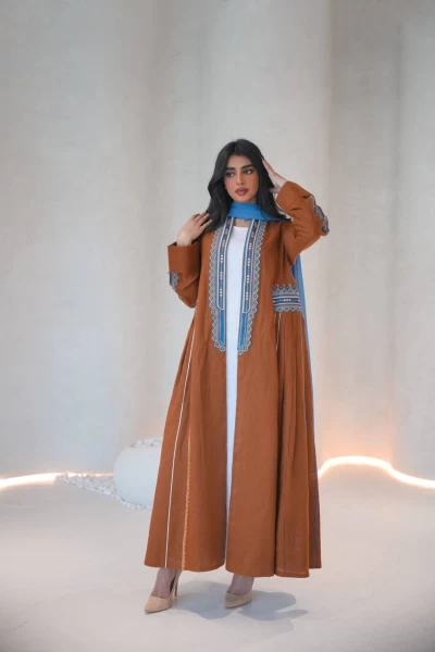 Linen abaya in camel color with embroidery C:IB293 Brown