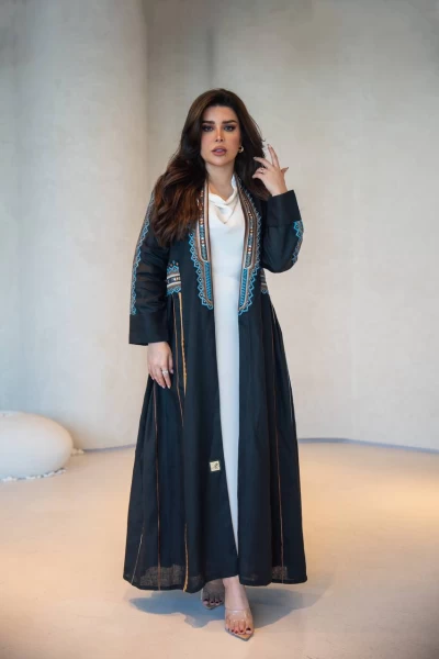 Black Linen Abaya with Embroidery C:IB293 Black/B